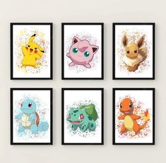 four framed pictures of different pokemons on a wall in a room with white walls