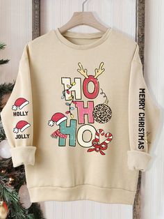 Merry Christmas Letter Print Women's Casual Round Neck Long Sleeve Sweatshirt, Autumn Winter Apricot Casual  Long Sleeve Polyester Animal,Cartoon,Christmas,Letter Pullovers Slight Stretch  Women Clothing, size features are:Bust: ,Length: ,Sleeve Length: Merry Christmas Letter, New Year Hairstyle, Christmas Letter, Dad Fashion, Cartoon Christmas, Winter Pullover, Animal Cartoon, Baby Leggings