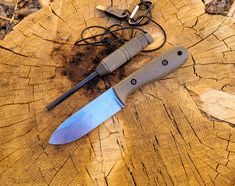 two knives sitting on top of a tree stump