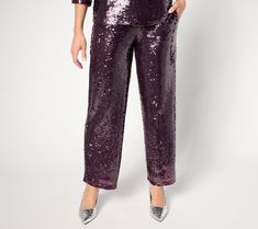 You've had the date circled for months. Now it's time to shine, so treat yourself to some special-occasion glam with Stacy London's sequinned pull-on pants! Sparkle's on display all evening with these wide-leg wows, pulling focus directly at you and your glittering sense of style. Just imagine your entrance: spectacular! From by Stacy London. Stacy London, Sequin Pant, Valerie Parr Hill, Adaptive Clothing, Beauty Storage, Cuddl Duds, Baby Trend, Cozy Fashion, Ankle Pants