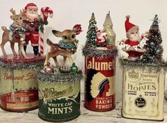 Vintage Tin Christmas Decor, Vintage Spice Tins Christmas, Vintage Christmas Tins, Sifter Decor, Tin Decorations, Vintage Christmas Ideas, Christmas Assemblage, Christmas Diorama, Vintage Christmas Crafts