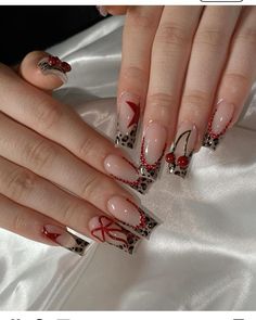 Girly Y2k Nails, 0.5 Nail Pics, Cheetah Print Nails With Red, Cheetah Print Nails Y2k, Leopard Print Cherry Nails, Almond Designs Nails, Leopard And Red Nails, Cheetah Cherry Nails, Y2k Acrylics