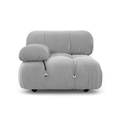 a gray recliner chair with wheels and buttons on the armrests, sitting in front of a white background