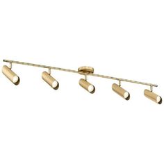 four light track lighting fixture with gold finish and dimmer, on an isolated white background