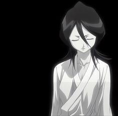 an anime character with black hair and white shirt, standing in front of a dark background