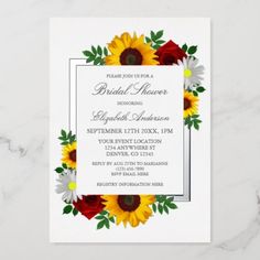 sunflowers and red roses are on the front of this floral bridal shower