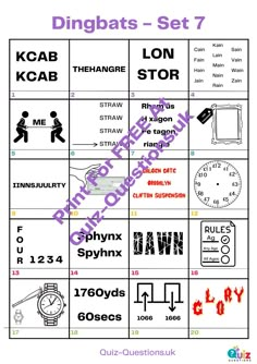 20 Free Dingbat Puzzles with Answers to Play online or print for free at Quiz Questions UK via the link provided Dingbats With Answers, Rebus Puzzles With Answers Free Printable, Pub Quizzes, Baby Shower Quiz, 6th Form