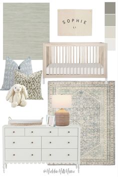 a baby's nursery room with neutral colors and accessories