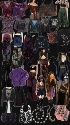 a collage of different types of clothes and accessories on display in a black background