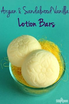 two soap balls in a bowl with straw on the bottom and text overlay that reads, argan & sandalwood vanilla lotion bars