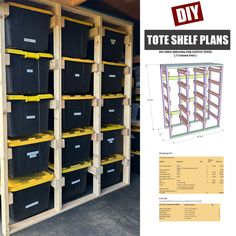 the shelves are full of storage bins with yellow handles and black containers on them