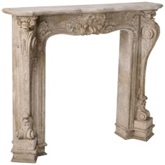 an old stone fireplace mantel with carvings on the front and sides, isolated against a white background