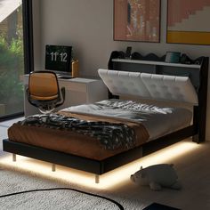 Full Size Upholstery Platform Bed Frame with LED Light Strips and Built-in Storage Space Headboard With Shelves, Beds For Kids, Bed With Led Lights, Full Size Platform Bed, Upholstery Bed, Storage Headboard, Stylish Bed, Bed Full, Perfect Bed