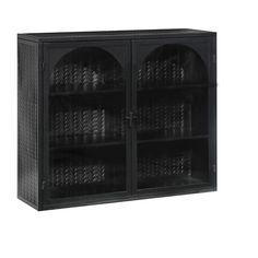 a black cabinet with glass doors and wicker baskets on the front, against a white background