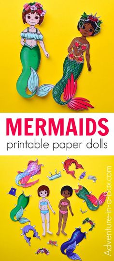 mermaids cut out from paper dolls on a yellow background with the words mermaids printable paper dolls