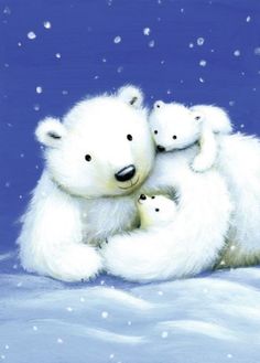 a polar bear with two cubs on its back in the snow, against a blue background