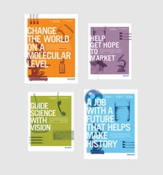 four posters with the words change the world on a regular level and an image of a microscope