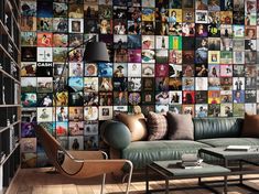 a living room filled with furniture and lots of pictures on the wall behind it's couch