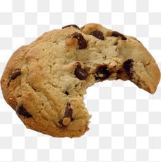 a chocolate chip cookie with one bite taken out of it, on a white background