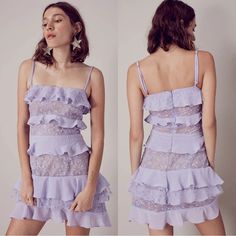 Size Large. In Excellent Condition. Worn Once. No Flaws. Lilac Color. Lace And Ruffle Details. Zip Back. Approx Measurements: Pit To Pit: 17”. Length: 35.5”. Smoke Free Home. #Ruffles #Lace #Girly #Vacation #Party #Weddingguest #Cocktail #Blogger #Summer #Spring #Lilac #Pastel Girly Vacation, Lilac Pastel, Lemon Dress, Lilac Color, Love And Lemons, For Love And Lemons, For Love, Wedding Guest, Ruffles