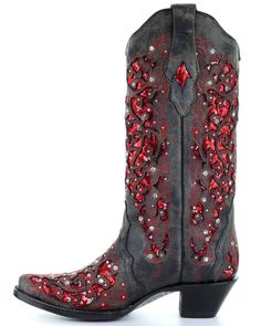 Corral Women's Crystal and Red Sequin Inlay Cowgirl Boots - Snip Toe, Black Corral Boots Womens, Rhinestone Cowgirl, Handcrafted Boots, Corral Boots, Crystal Heels, Red Sequin, Boots For Sale, Cowgirl Boots, Leather Design