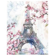 the eiffel tower is surrounded by pink flowers and watercolors on paper