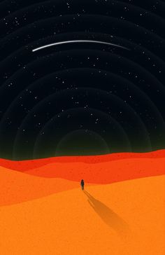 a man walking across a desert under a star filled sky