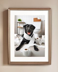 a black dog is sitting on the floor with toilet paper