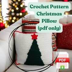 crochet pattern christmas pillow with text overlay that reads, crochet pattern christmas pillow pdf only