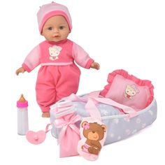 a baby doll and its accessories on a white background