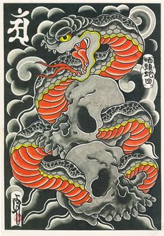 an old japanese tattoo design with a dragon on it's head and skull in the middle