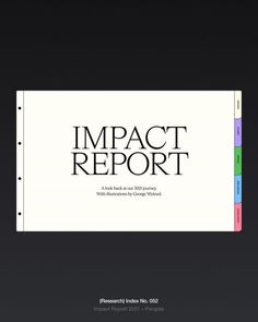 the impact report cover is shown in black and white, with three different colors on it