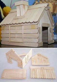 the wooden house is made out of wood and ready to be assembled into a dollhouse