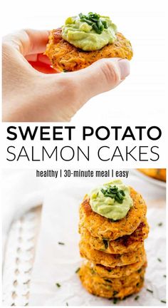 sweet potato salmon cakes with avocado on top are the perfect appetizer for any meal