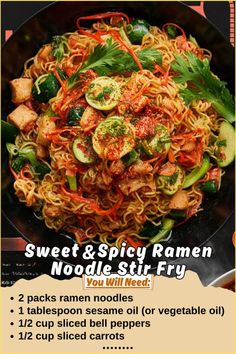 the flyer for sweet and spicy ramen noodle stir fry is shown with instructions