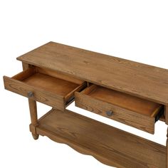 a wooden table with two drawers on it's sides and one drawer open to show the contents