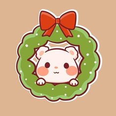 an animal sticker with a bow on it's head, sitting in a wreath