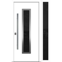 a white door with black trim on the front and side panels, which has a glass panel