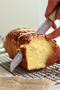 a person cutting a loaf of bread with a knife