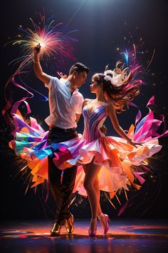 a man and woman dancing with fireworks in the background