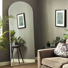 a living room with a couch, mirror and potted plants