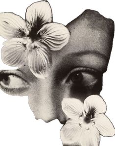 a woman's face with flowers in her hair and the eyes are half closed