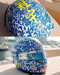 the helmet is blue and white with yellow flowers on it's side, along with another photo of the helmet