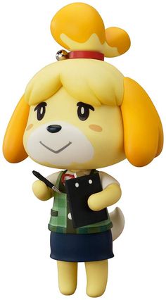 an animal crossing figurine holding a cell phone