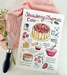 a strawberry tartsnap cake recipe on a card next to a whisk