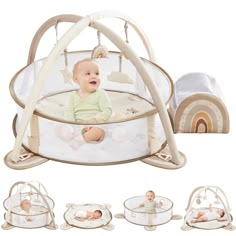 a baby is sitting in a playpen