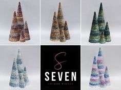 seven knitted christmas trees with the words seven unique pieces written below them in pink, blue, green and white