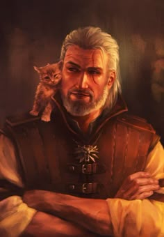 an old man with a cat on his shoulder