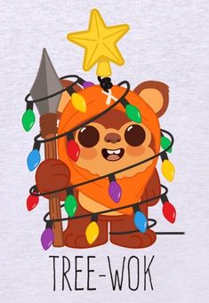 a t - shirt with a bear holding a christmas tree and lights on it's chest