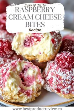 raspberry cream cheese bites recipe on a plate with the title in the middle